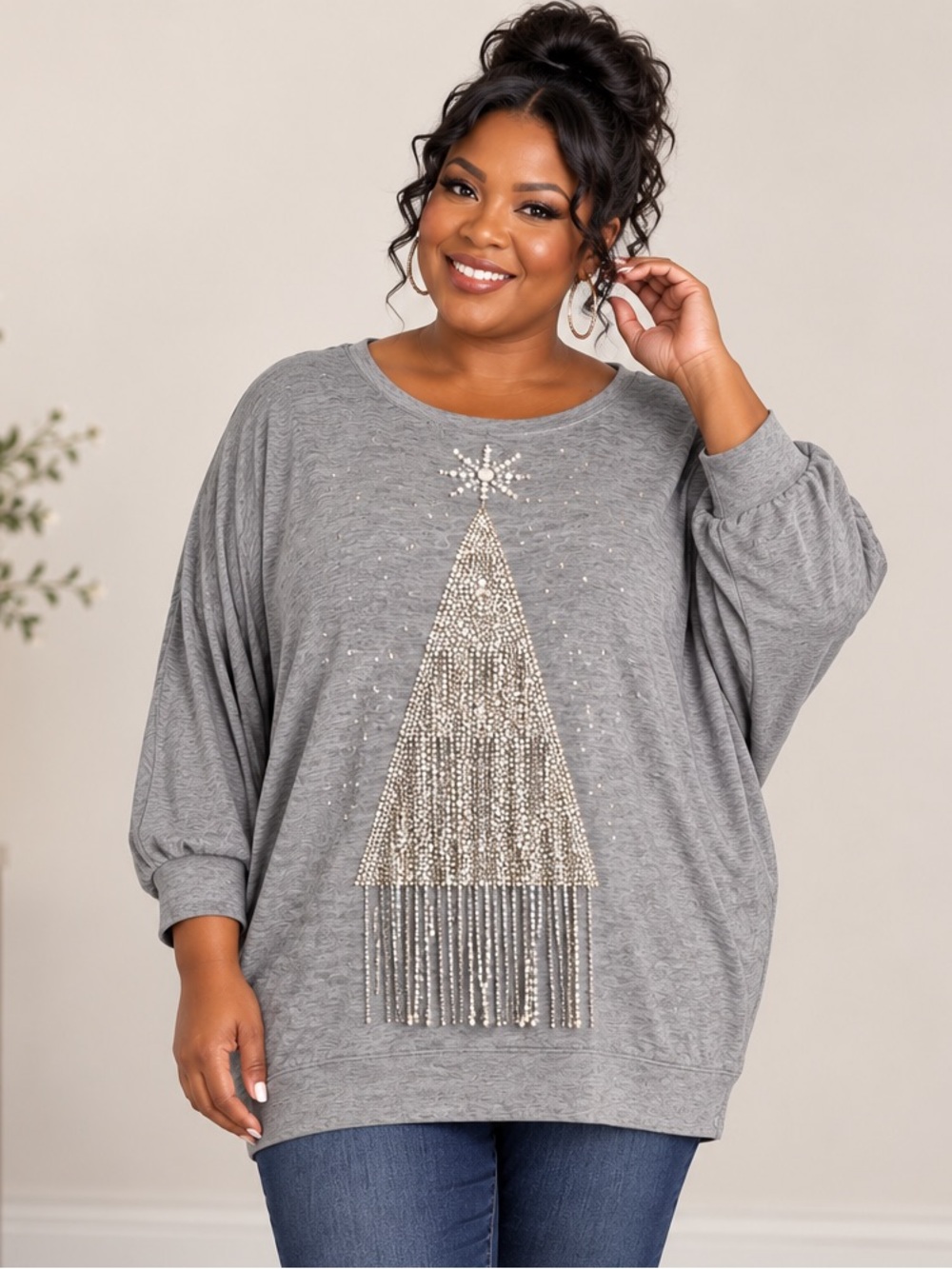 Cato Limited Edition Top Size 26/28W Gray Rhinestone Christmas Tree NWT